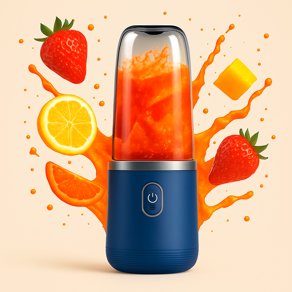 Blue portable blender with a red juice blend surrounded by strawberries, lemon, and orange slices on a beige background.