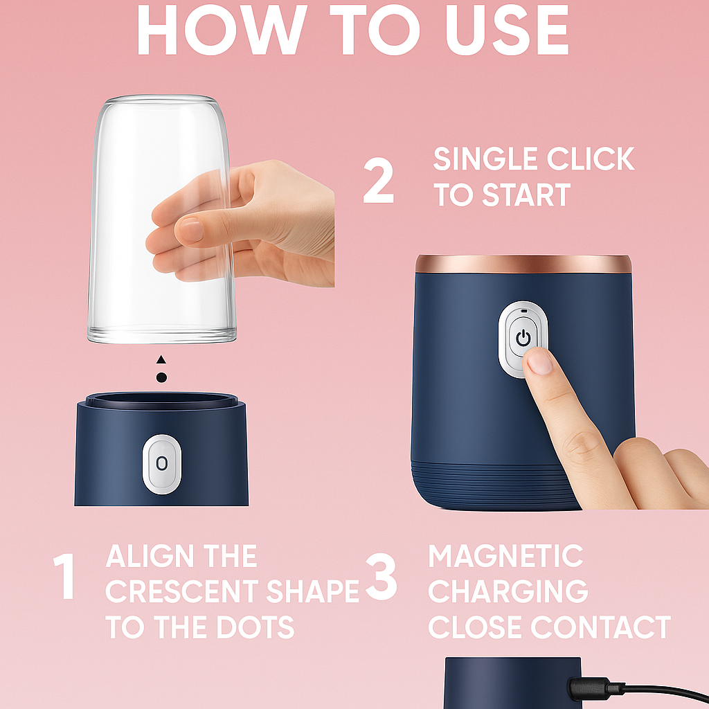 Instructions on how to use the portable blender with a pink background