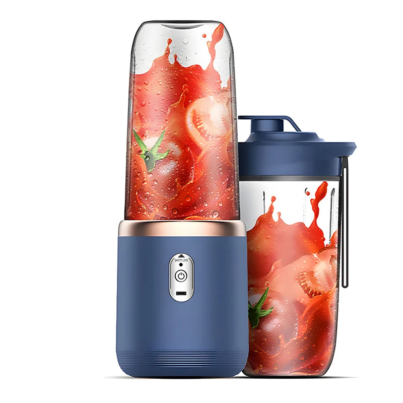 Portable blender with a blue base and red fruit design on the container against a white background