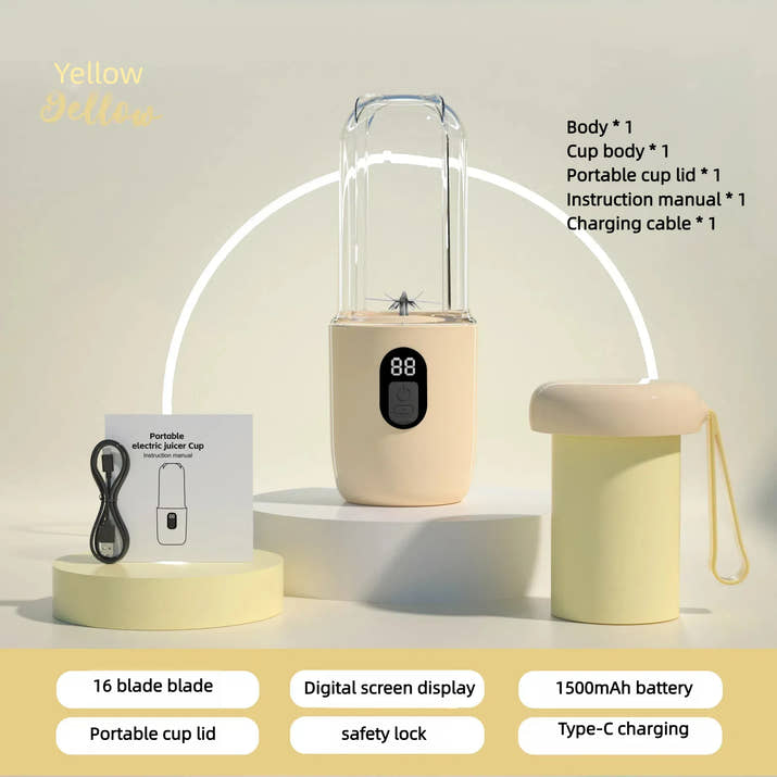 Portable electric juicer with accessories on a neutral background