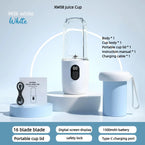 Portable electric juice cup with accessories on a light blue background