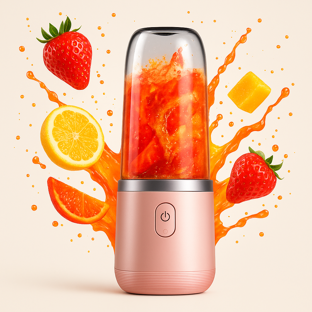 Portable blender with a pink base surrounded by fruits and juice splashes on a beige background