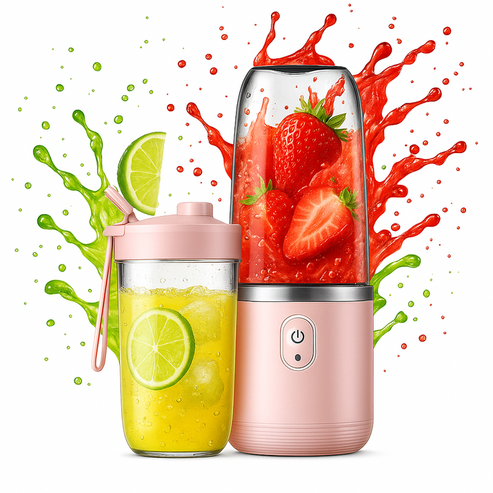 Pink portable blender with a glass container filled with a yellow drink and lime slices, surrounded by colorful splashes of red and green.