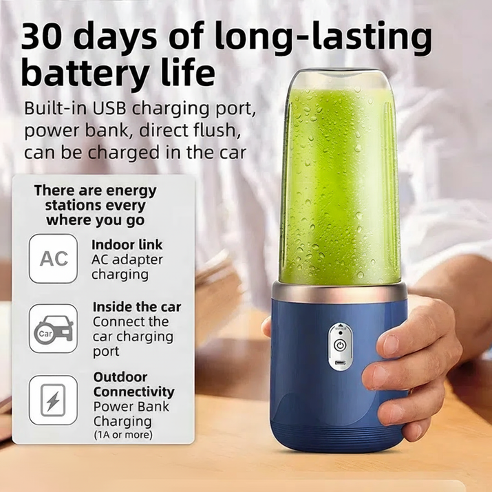 Portable blender with green liquid, held by a person, on a table with text about battery life and charging options.