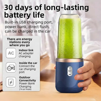 Portable blender with green liquid, held by a person, on a table with text about battery life and charging options.