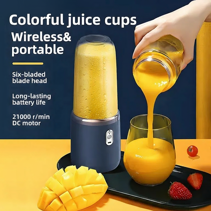 Portable blender with a glass of yellow juice on a yellow background