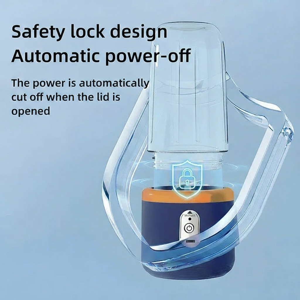 Product with safety lock design and automatic power-off feature on a blue background