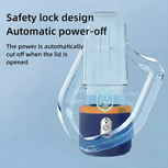 Product with safety lock design and automatic power-off feature on a blue background