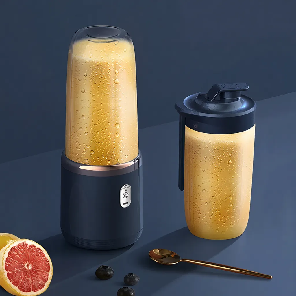Personal blender with a filled cup on a dark background